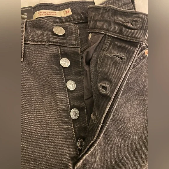 Levi's Ribcage Straight Joli Thorax Droit Button Fly Dark Black Wash Jeans NWT - Picture 14 of 16